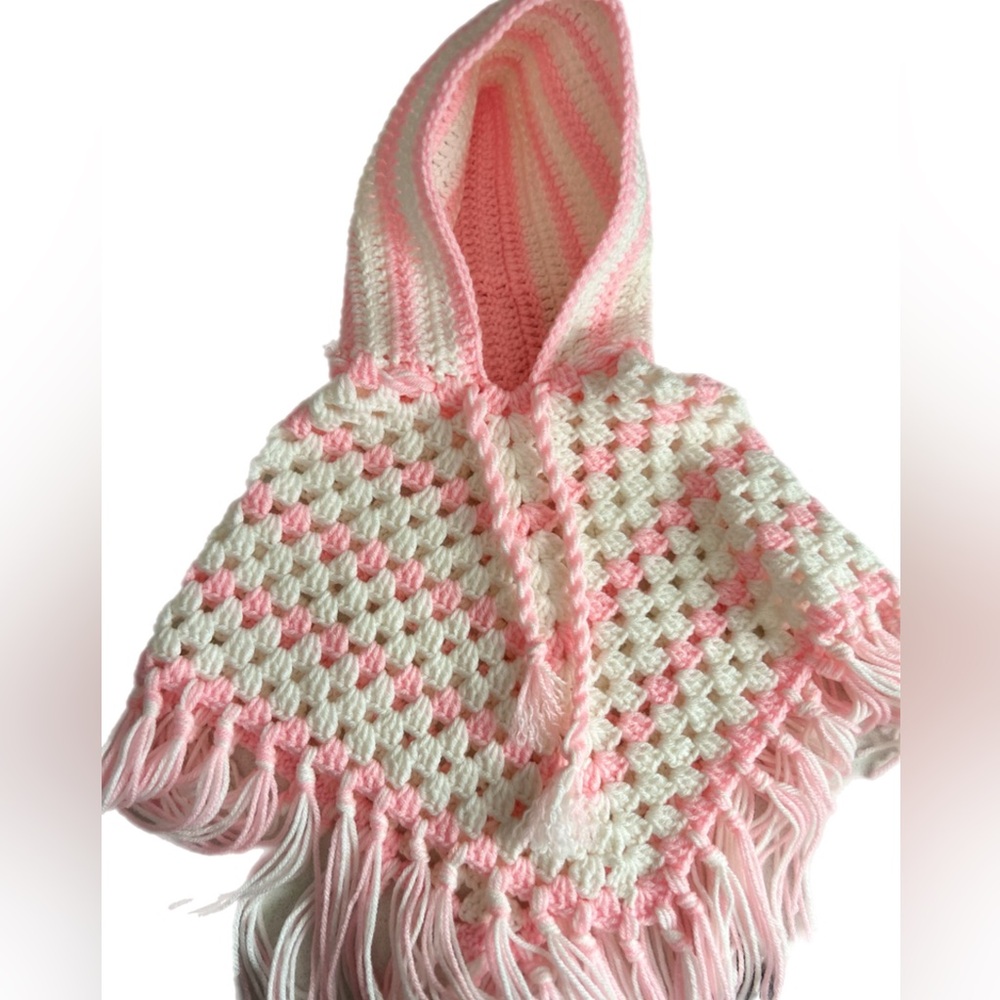 Pink and White Crochet Poncho with Hood